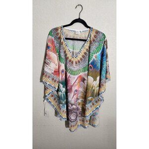 RR Poncho Womens One Size Peacock Feather Floral Boho Kaftan Top Tunic Festival